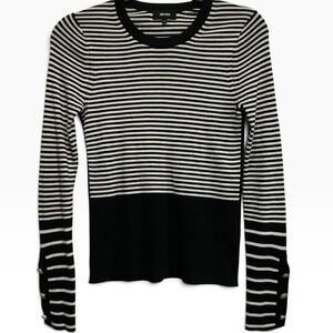 ME+EM Black Cream Striped Merino Wool Gold Button Cuff Sweater  XS